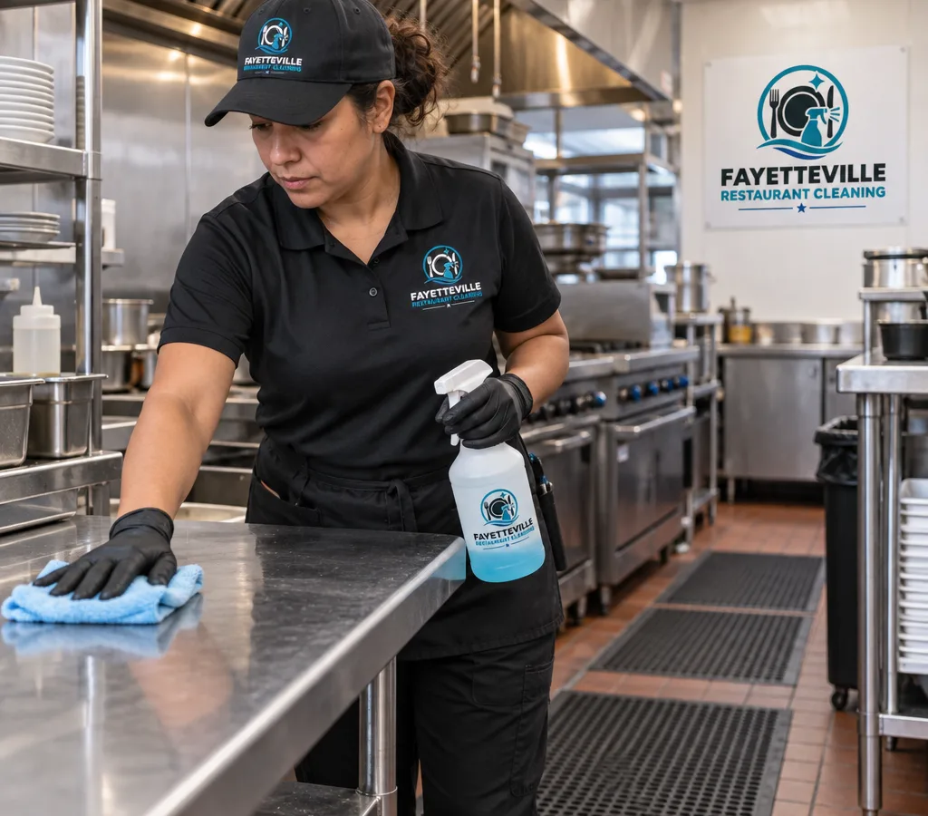 Professional cleaner wiping stainless prep tables in a Fayetteville restaurant kitchen
