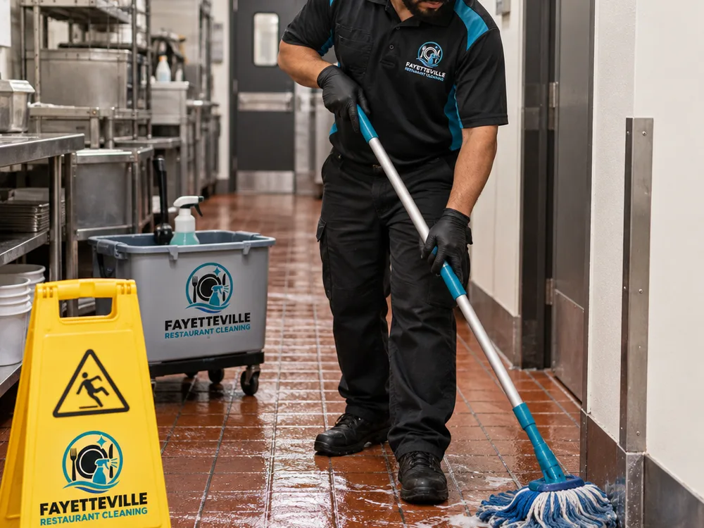 Cleaner degreasing quarry tile and detailing corners in a restaurant corridor