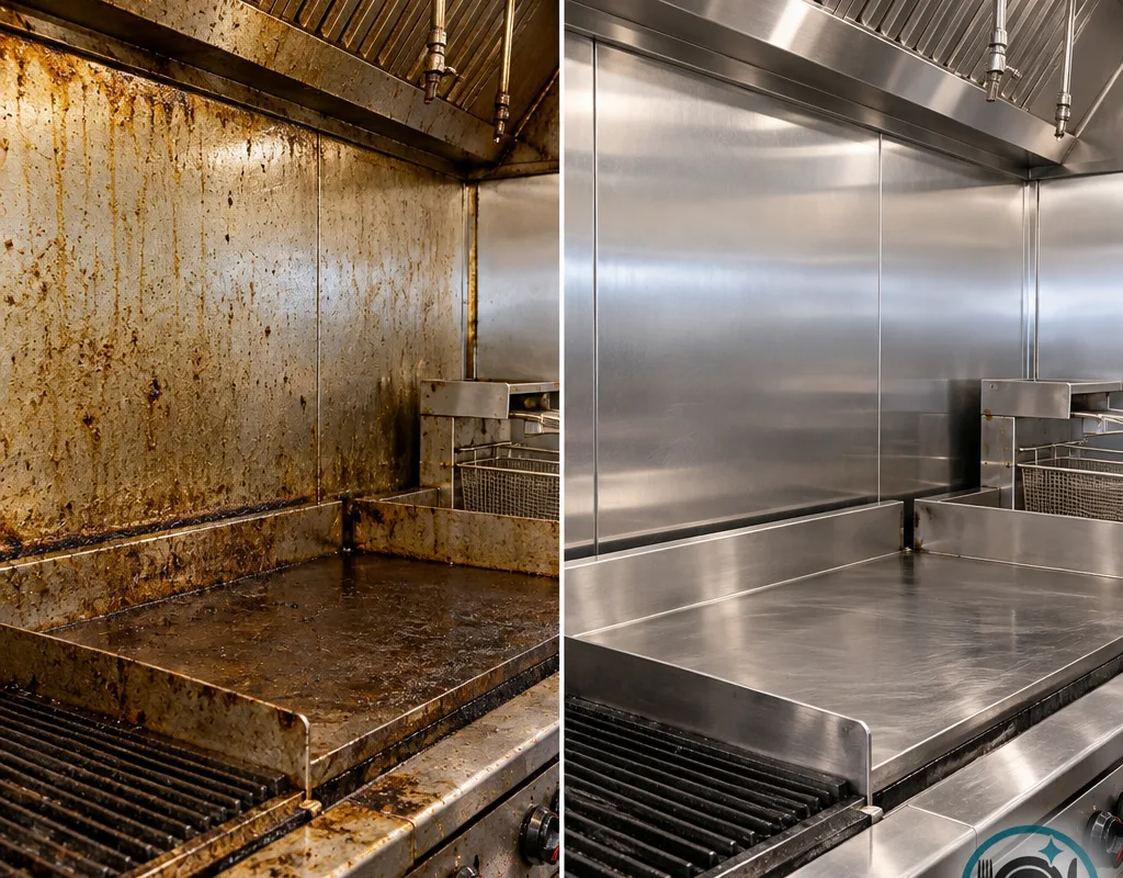 Commercial cook line wall and stainless side panels shown before and after degreasing