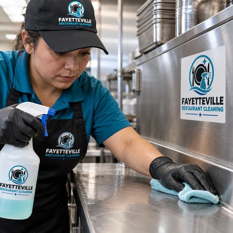 Technician hand-detailing greasy stainless steel seams on a commercial prep table