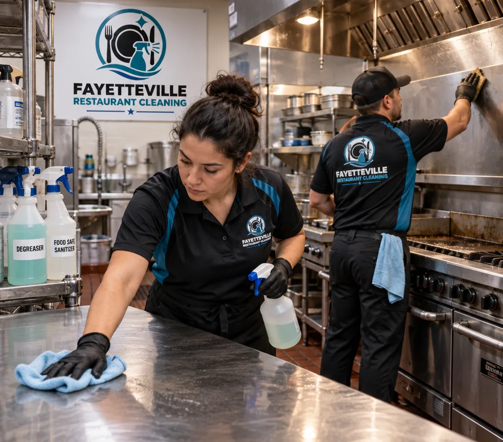 Commercial restaurant kitchen crew cleaning a stainless prep line and nearby cooking equipment after hours