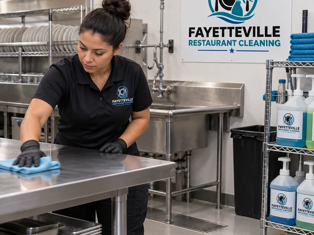 Freshly cleaned restaurant dish area with sanitized stainless tables and dry floor edges