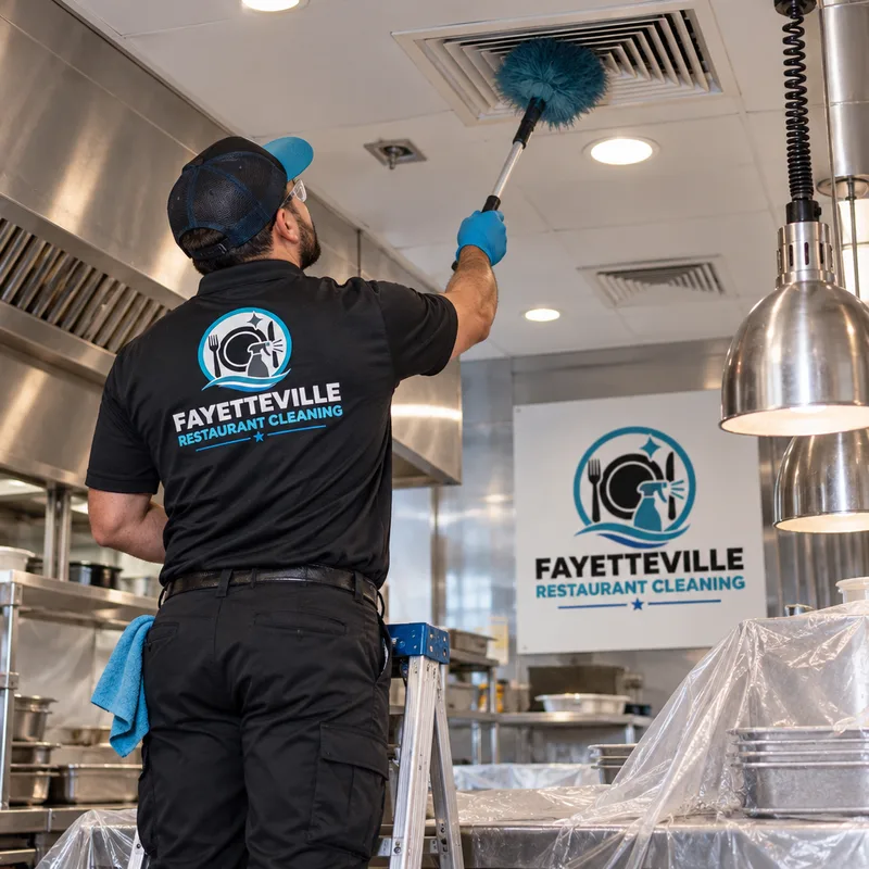 Technician on a rolling ladder high-dusting restaurant kitchen vents and light housings above protected prep surfaces
