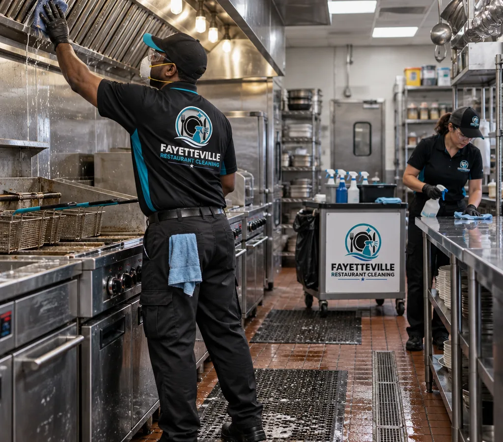 Commercial kitchen cleaner in protective equipment detailing a restaurant cook line after hours