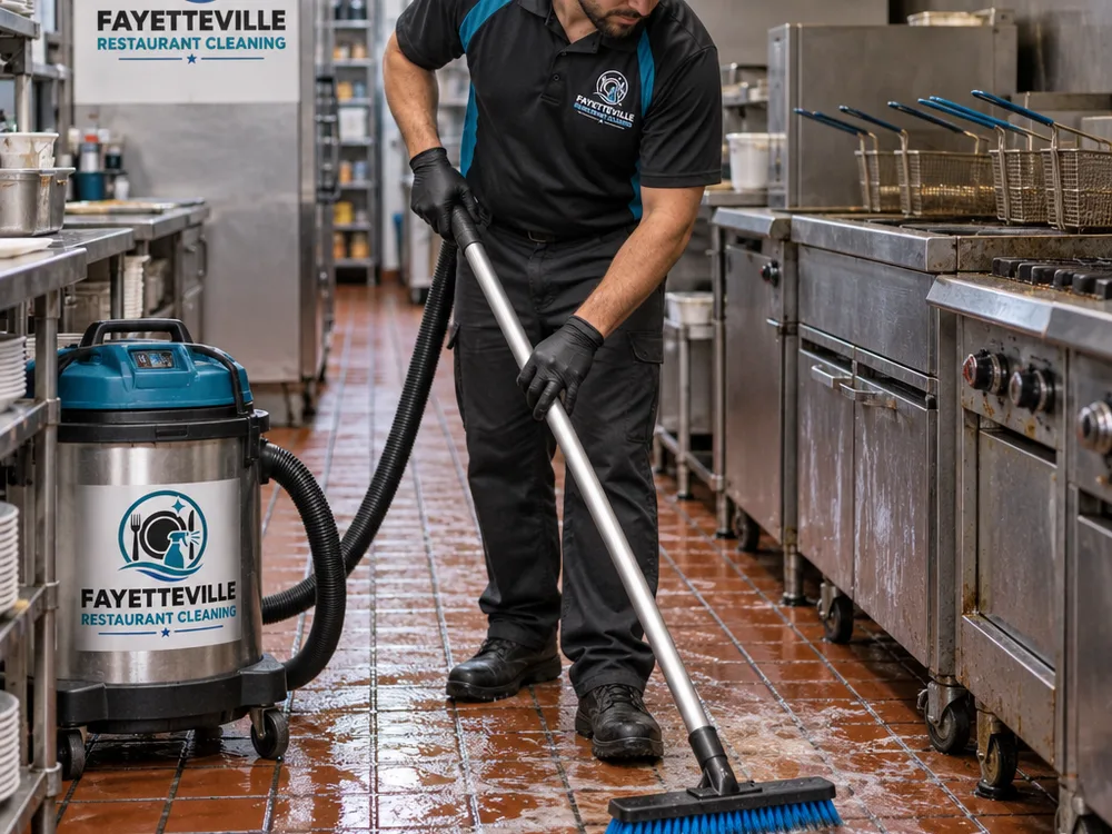 Cleaner using a deck brush and wet vacuum on commercial quarry tile beside restaurant cooking equipment