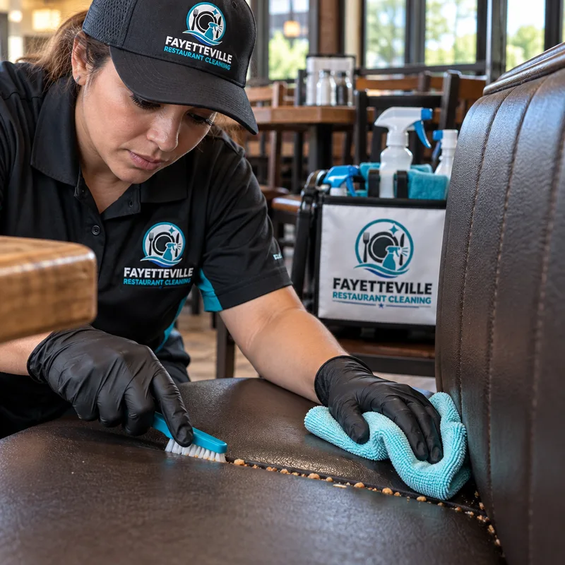 Detailed cleaning of restaurant booths and chairs with attention to crumbs in seams and high-touch edges