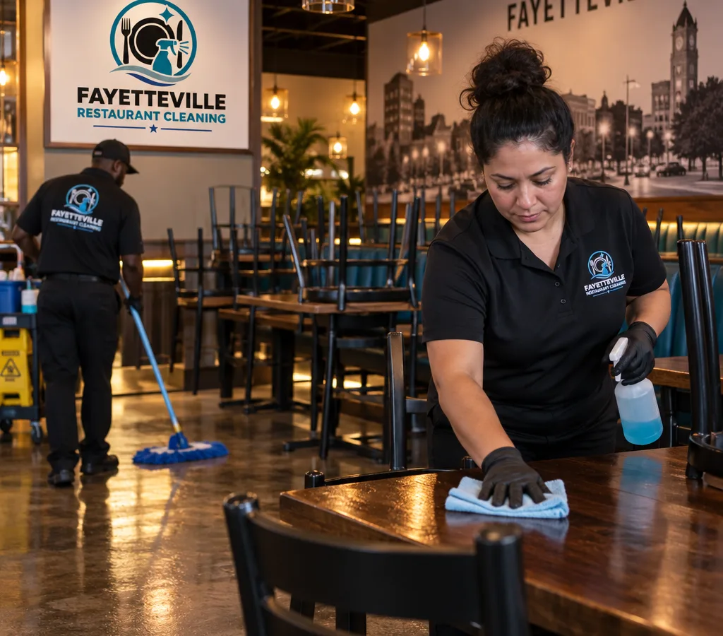 After-hours Fayetteville restaurant dining room with chairs raised while a cleaner wipes tables and cleans the floor