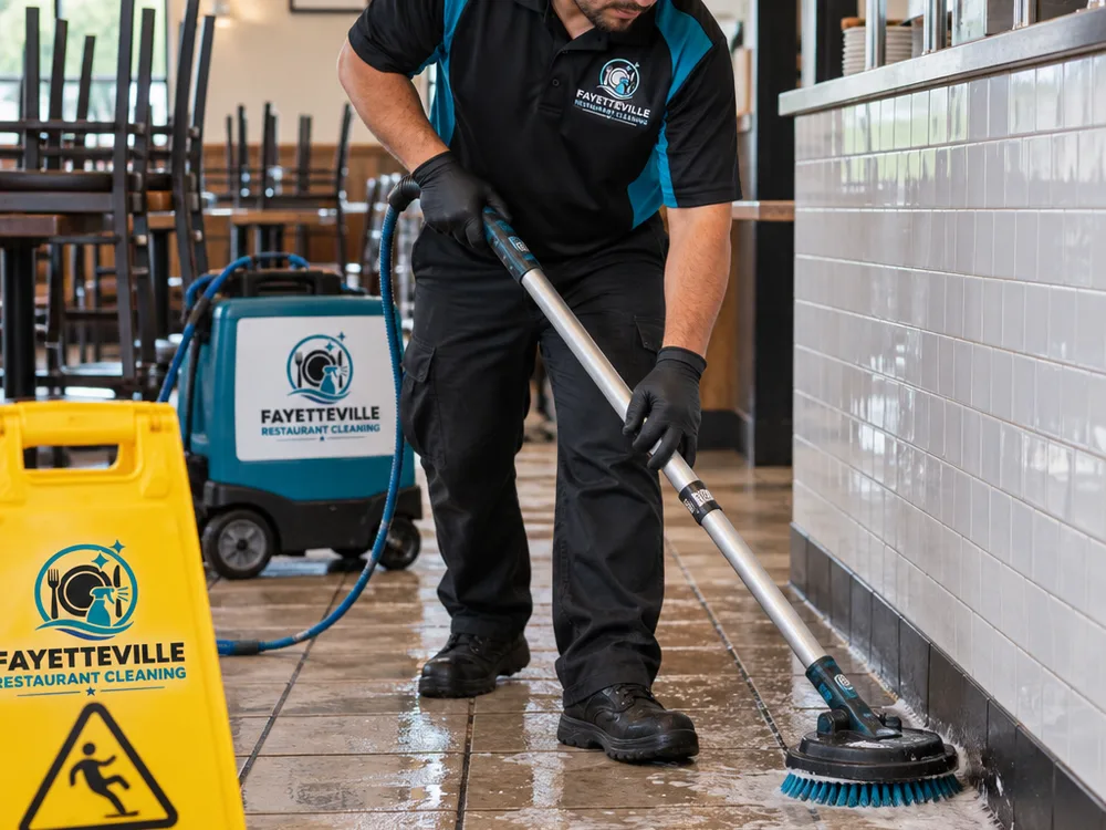 Technician scrubbing commercial restaurant tile and grout near baseboards with safety signs and managed cords
