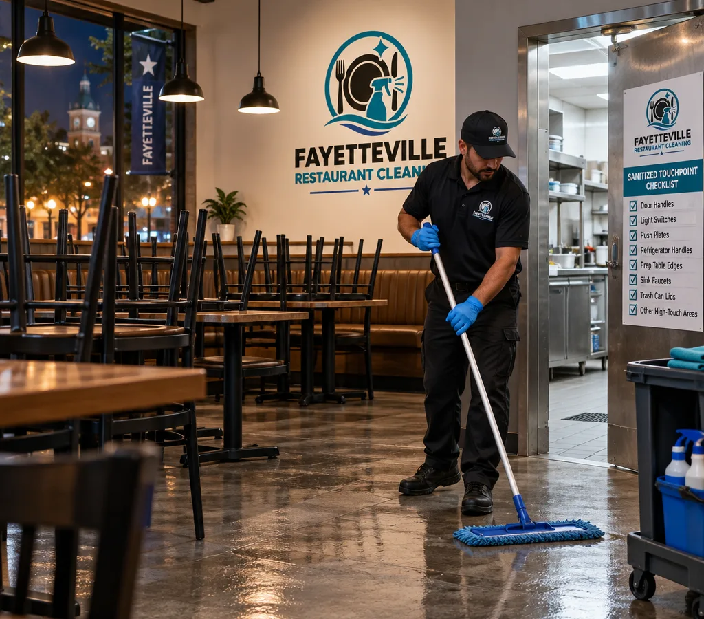 After-hours restaurant cleaner mopping an empty dining room near a sanitized touchpoint checklist