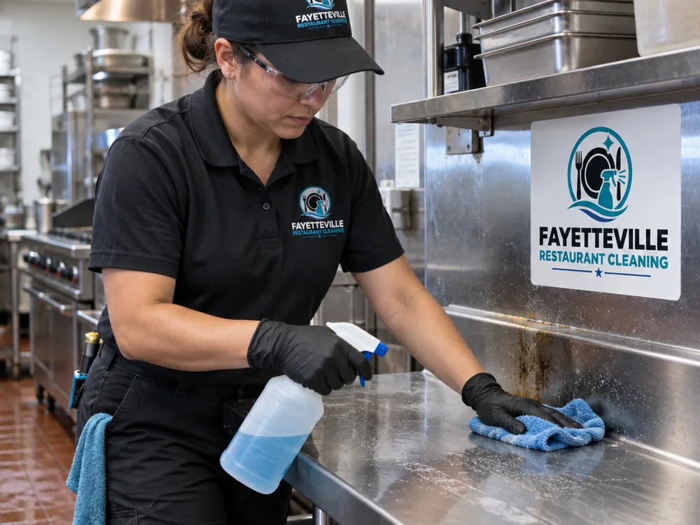 Cleaner in protective equipment wiping stainless prep tables in a closed restaurant kitchen