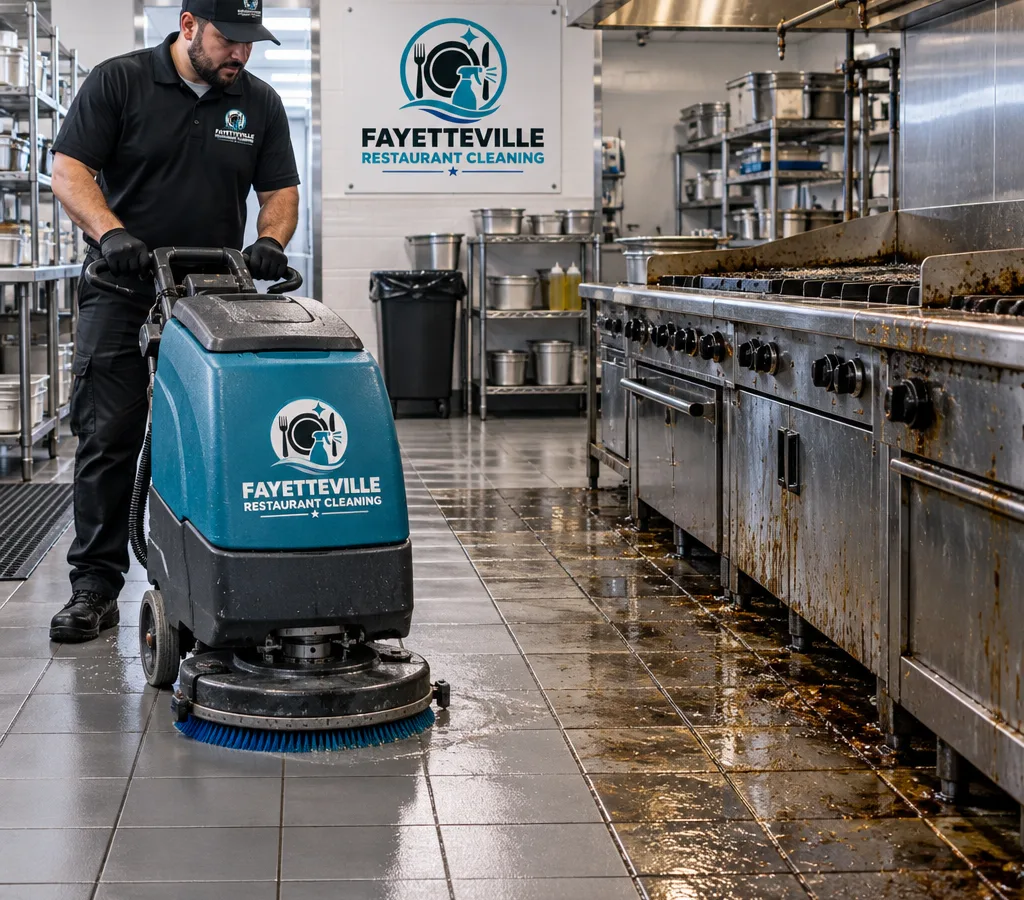 A Fayetteville commercial kitchen floor being machine-scrubbed near the cook line, with clean matte-finish tile visible after cleaning