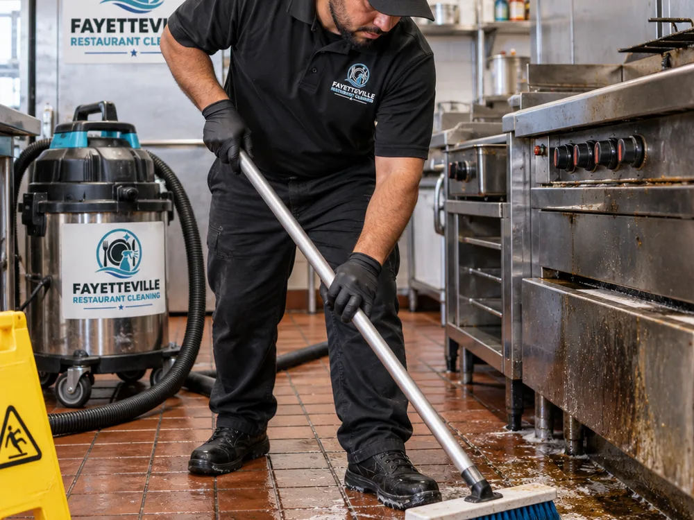 Commercial cleaning technician scrubbing greasy quarry tile with a deck brush while a wet vacuum recovers solution near a cook line