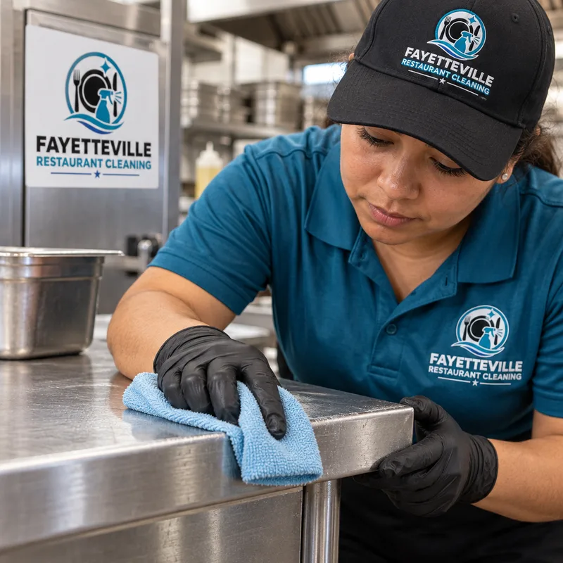 Cleaner wiping stainless steel prep table edges, seams, corners, and handles