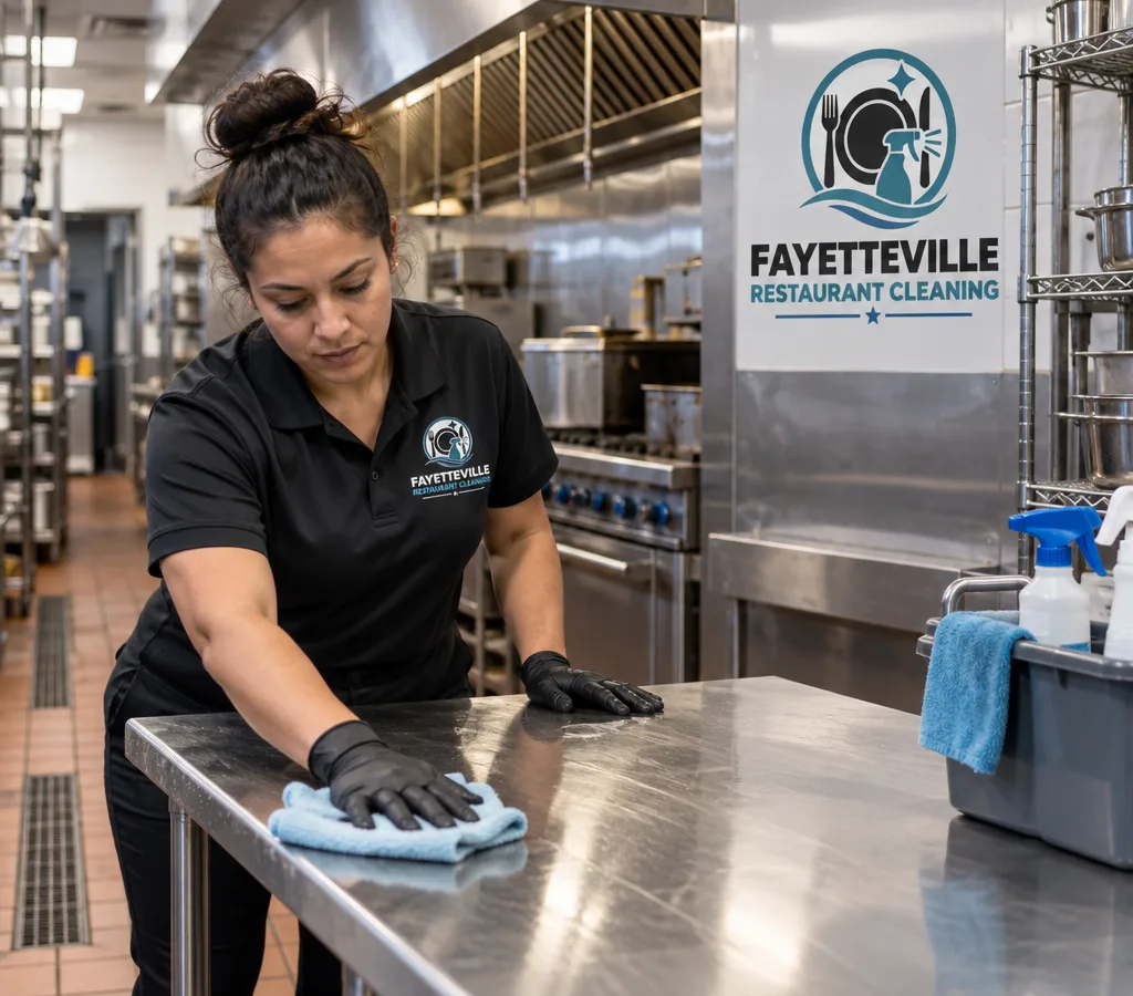 After-hours professional cleaner wiping stainless prep tables and line surfaces in a commercial restaurant kitchen