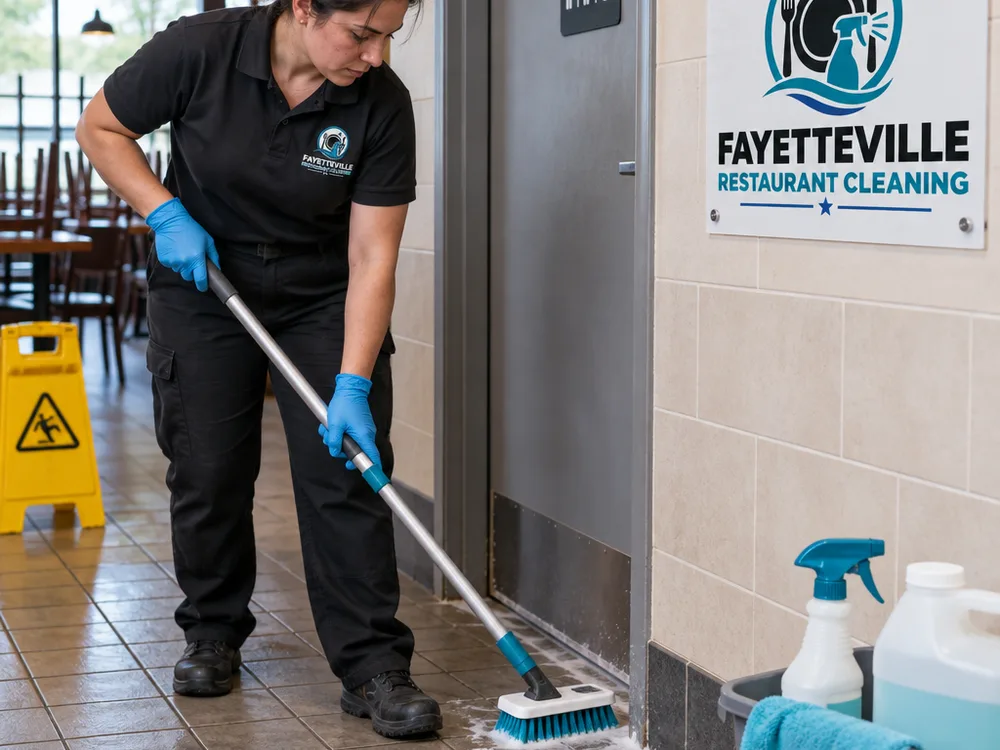 Cleaner detailing grout lines and a floor edge near a commercial restroom entry