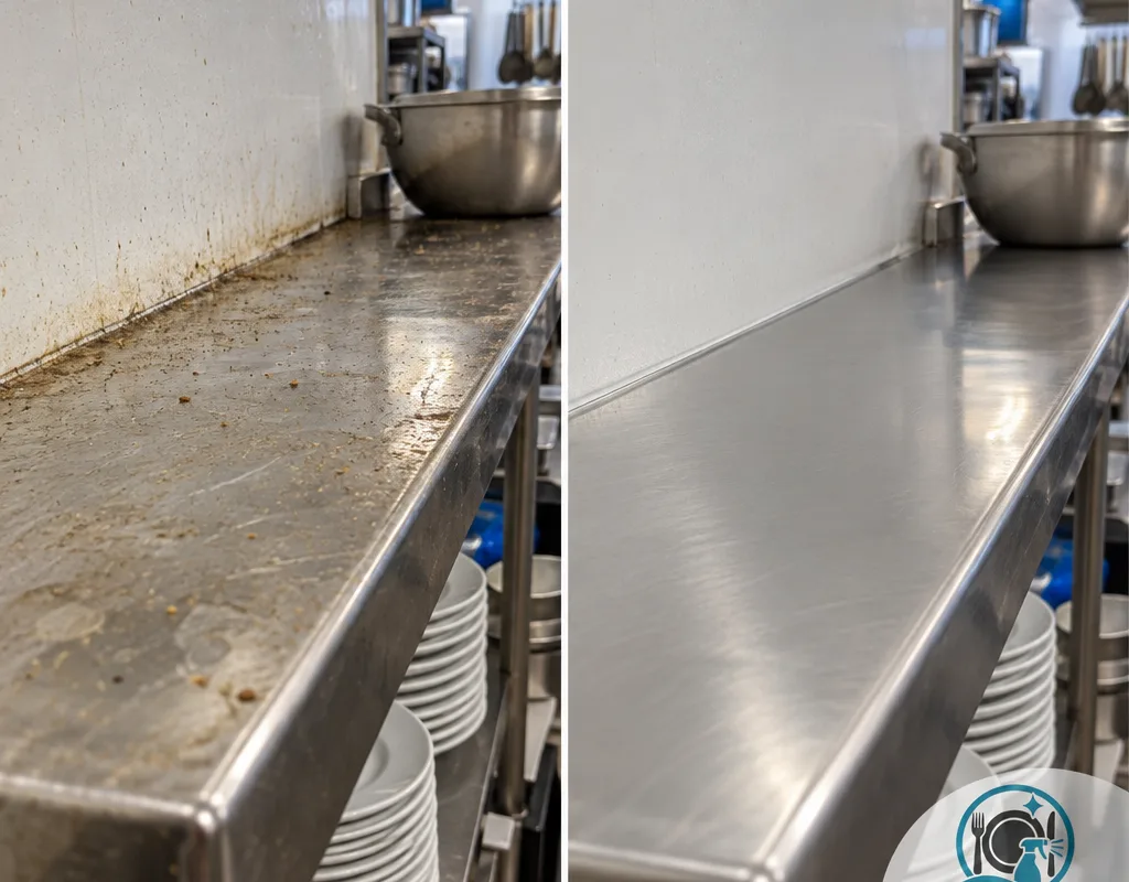 Before-and-after comparison of greasy dust removed from the top of a stainless restaurant wall shelf