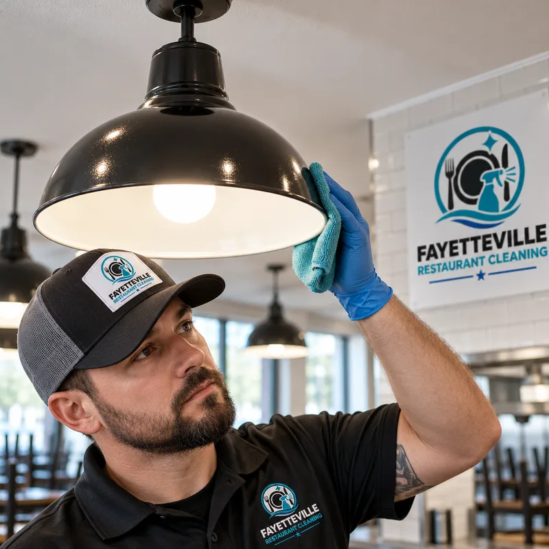 Cleaned commercial kitchen light fixture exterior and surrounding ceiling without dust rings or grease haze