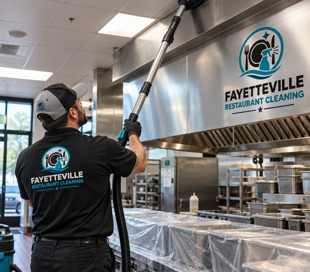 Technician cleaning high ledges, duct exteriors, and ceiling corners above a protected commercial kitchen prep line