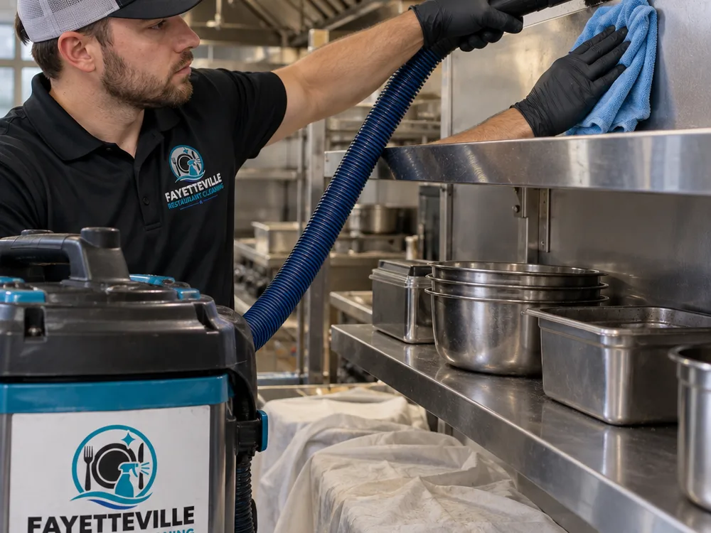 Greasy dust being removed from a commercial kitchen wall panel and stainless shelf with a HEPA vacuum and microfiber