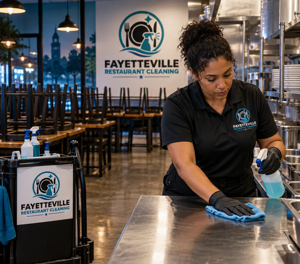 After-hours restaurant interior with a cleaner sanitizing prep surfaces while the dining area is reset