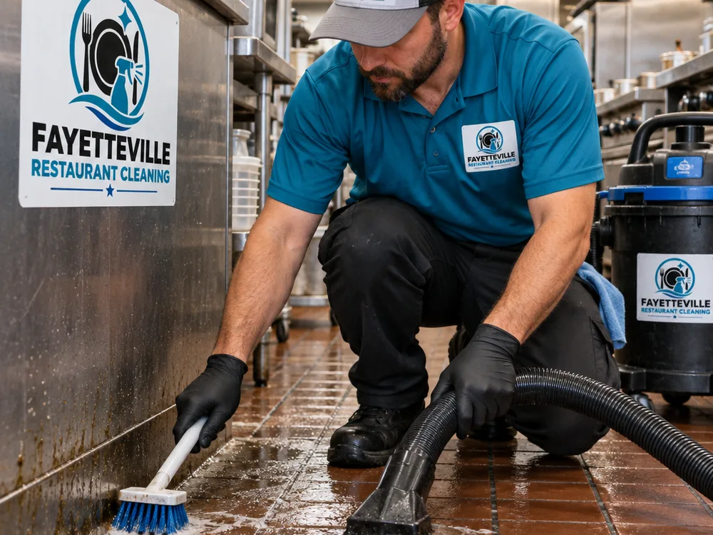 Cleaner detailing a commercial kitchen floor edge and baseboard with a deck brush and wet vacuum