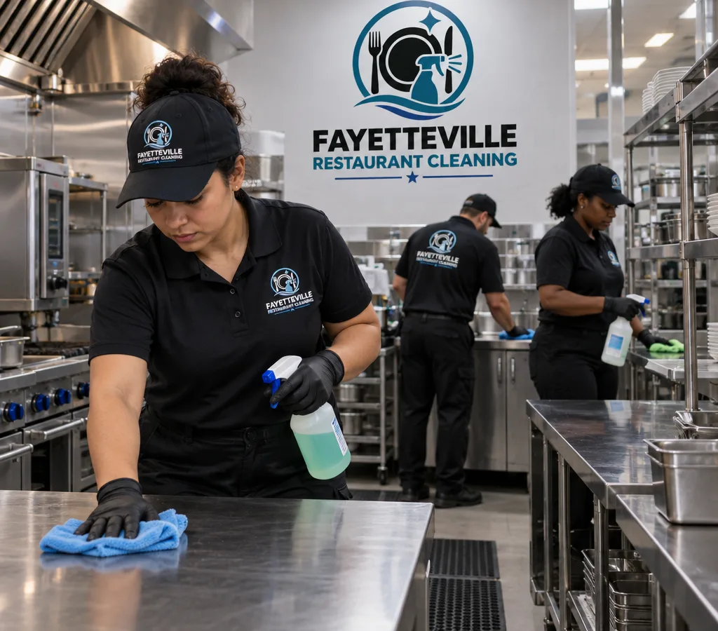 Evening commercial cleaning crew sanitizing a restaurant prep line and stainless surfaces