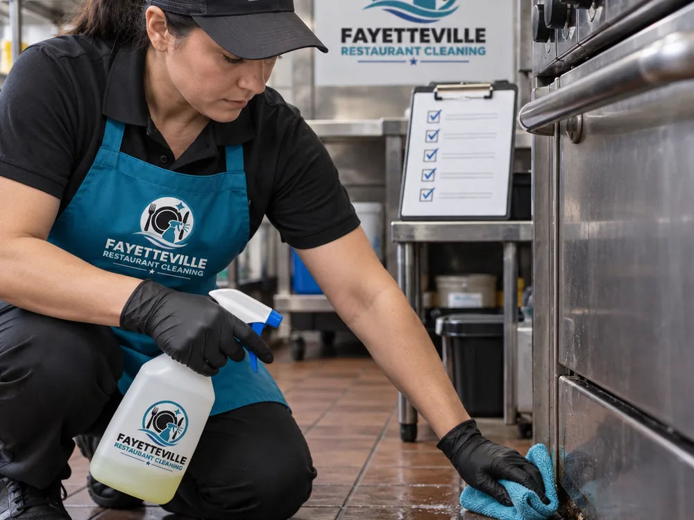 Cleaner detailing where a commercial range meets the floor with a checklist nearby