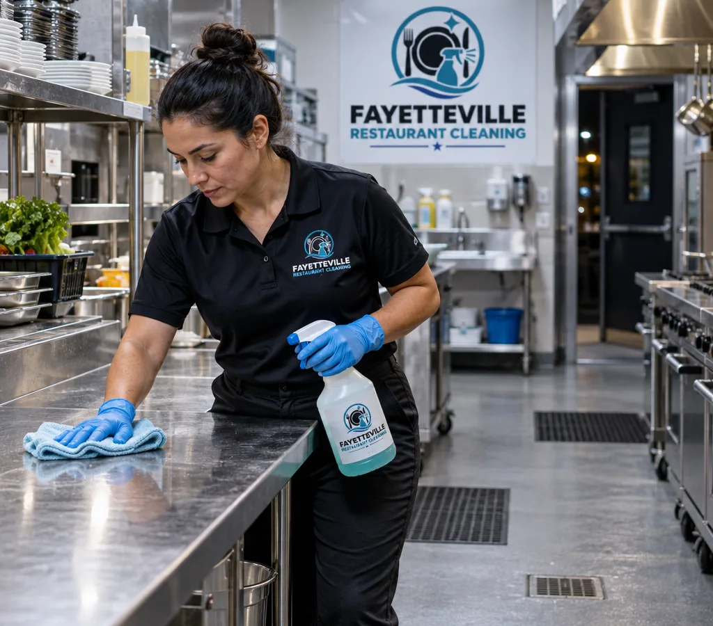 After-hours commercial cleaning technician sanitizing a restaurant kitchen prep line with stainless surfaces, floor drains, and labeled food-safe cleaners