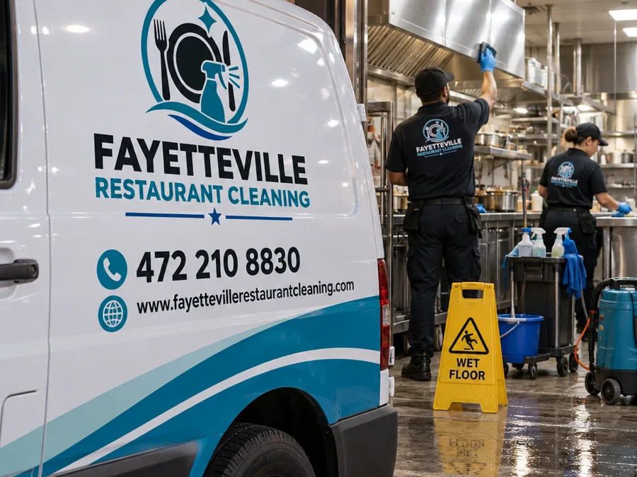 Cleaning team in protective equipment working after hours in a Fayetteville restaurant kitchen