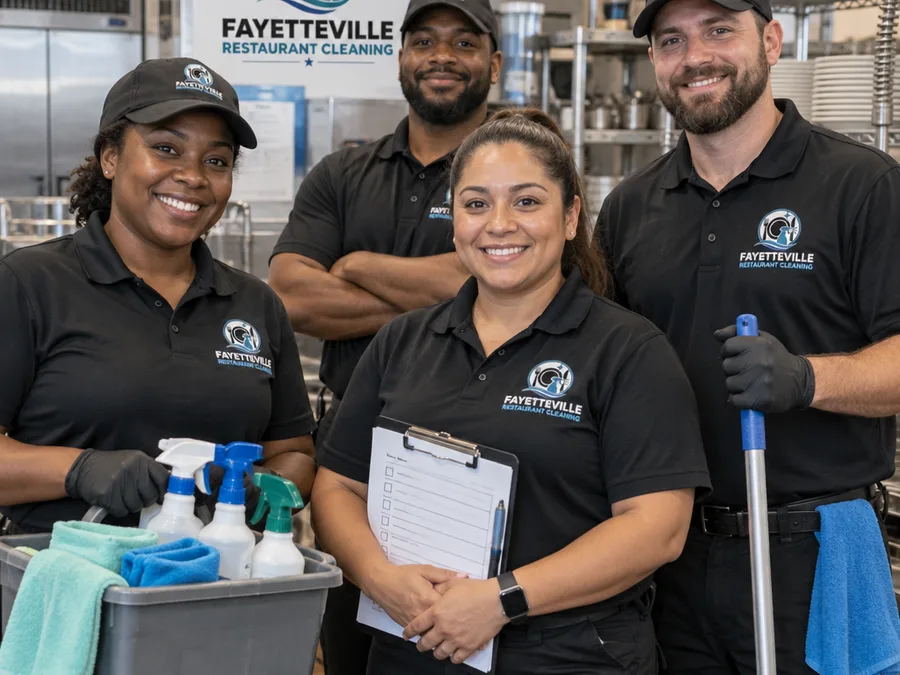 Uniformed restaurant cleaning team with supplies and checklist in a back-of-house area