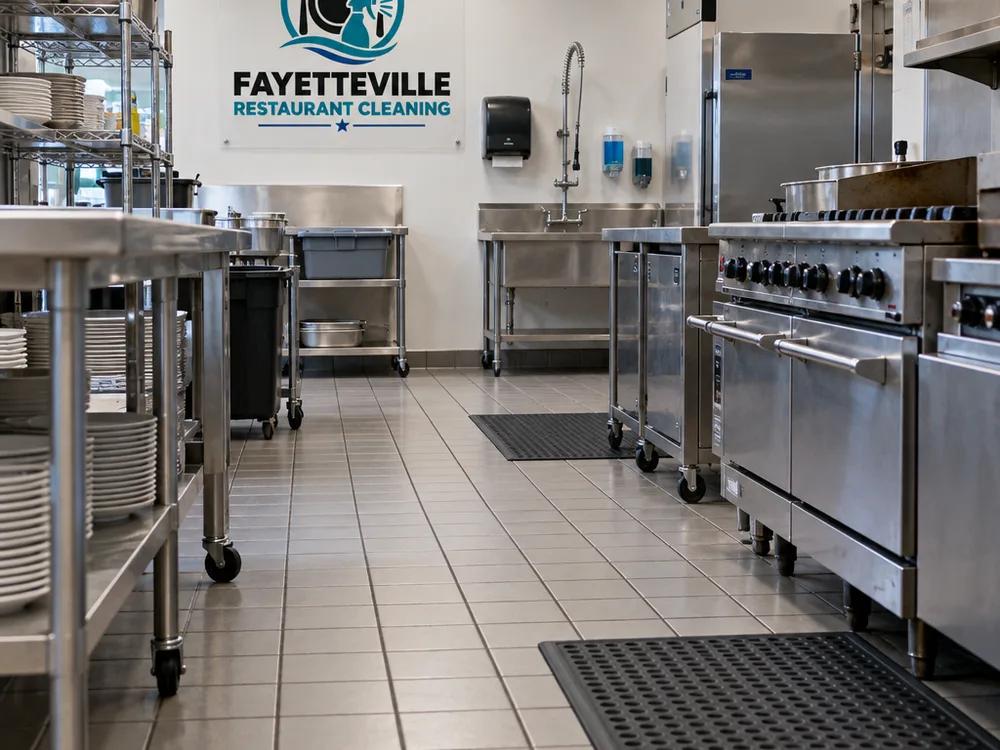 Commercial kitchen floor after scrubbing and rinsing with clean grout lines and dry walk paths